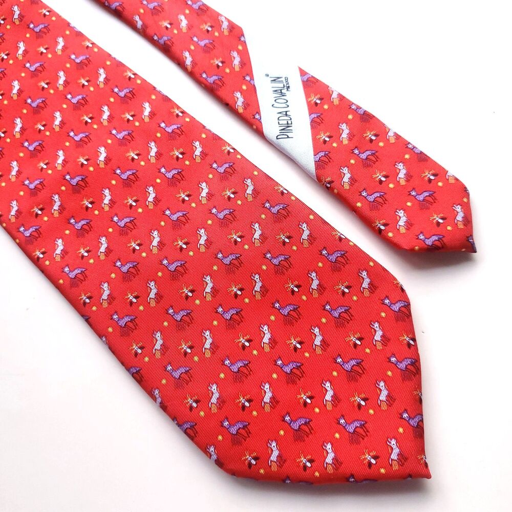 Pineda Covalin 100% Silk Tie Nierika Huichol Red Animal Print Mexico 58” x 3.5”